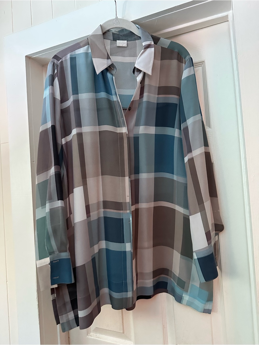 Poetry Plaid Button-Down Shirt in Teal, Gray and White